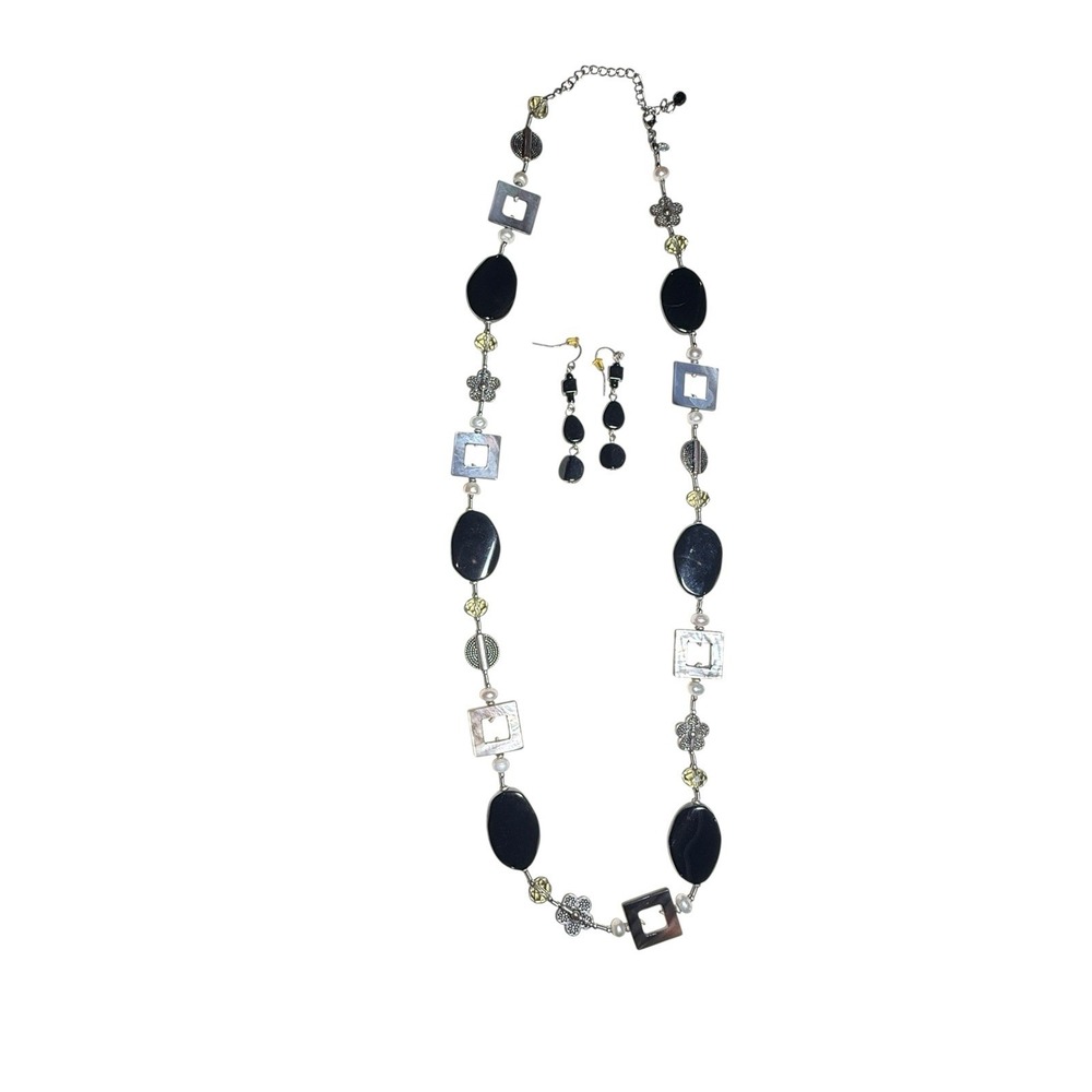 Vtg Premier Designs Necklace Earrings Set Black Bead Shell Faux Pearl Jewelry